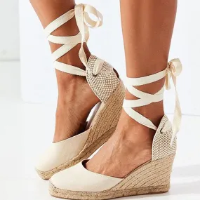 Women's ankle lace-up espadrille wedge sandals boho closed toe sandals