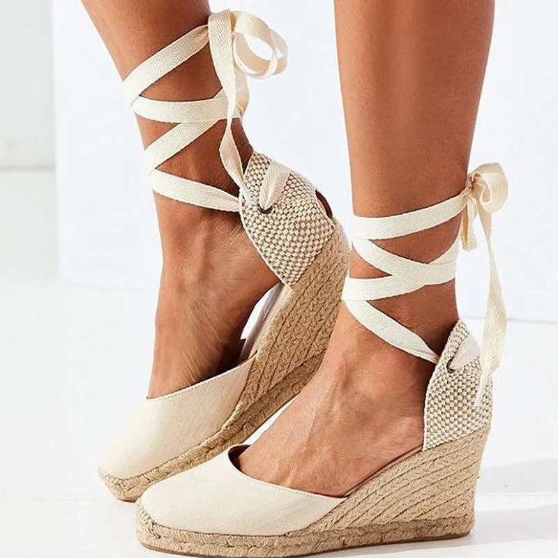 Women's ankle lace-up espadrille wedge sandals boho closed toe sandals