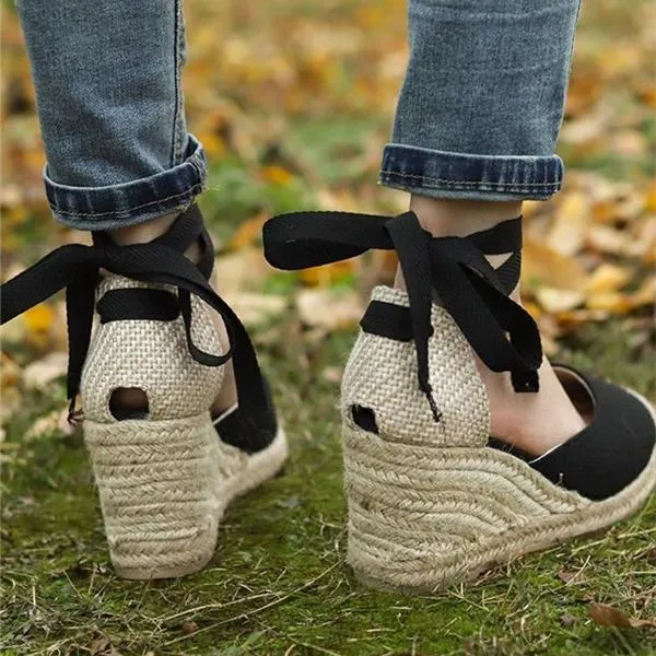 Women's ankle lace-up espadrille wedge sandals boho closed toe sandals