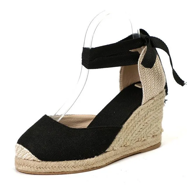 Women's ankle lace-up espadrille wedge sandals boho closed toe sandals