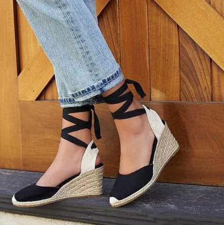 Women's ankle lace-up espadrille wedge sandals boho closed toe sandals