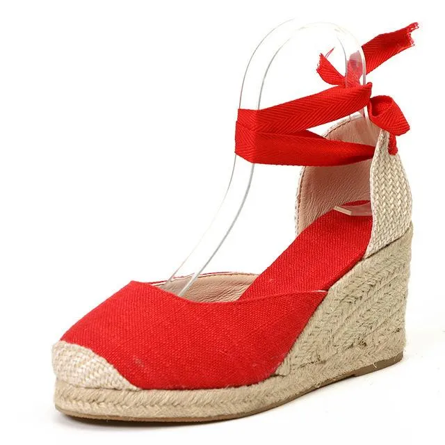 Women's ankle lace-up espadrille wedge sandals boho closed toe sandals