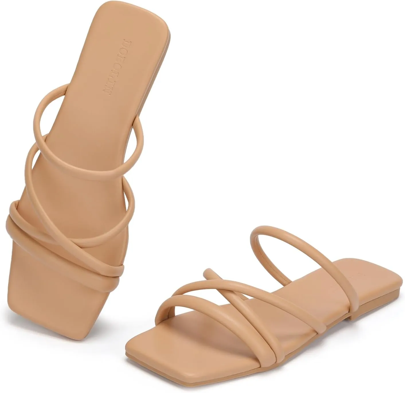 Women's Flat Sandals Strappy Square Open Toe Slide Sandals Dressy Comfortable Wide Feet Friendly