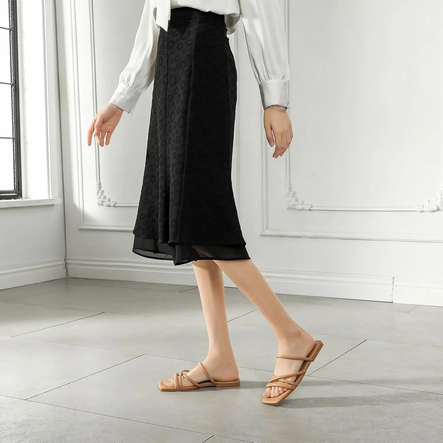 Women's Flat Sandals Strappy Square Open Toe Slide Sandals Dressy Comfortable Wide Feet Friendly