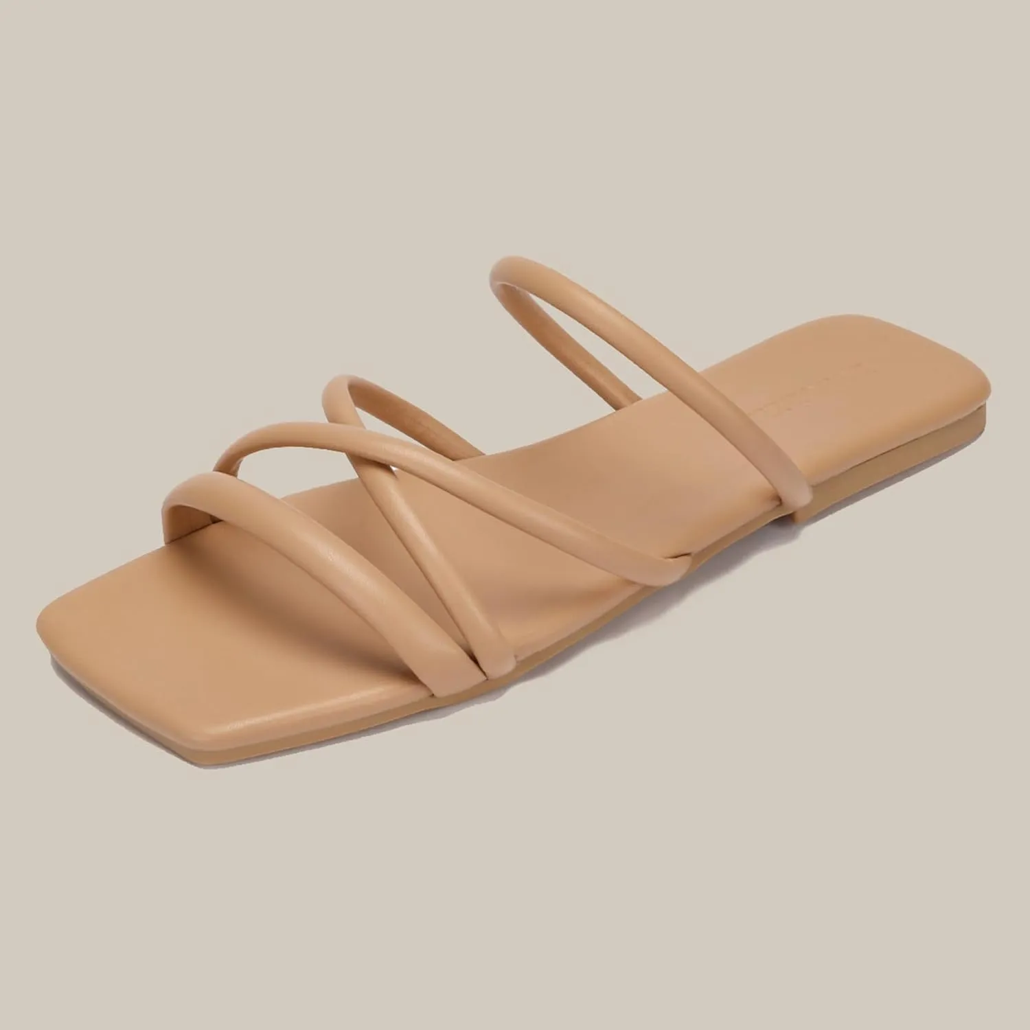 Women's Flat Sandals Strappy Square Open Toe Slide Sandals Dressy Comfortable Wide Feet Friendly