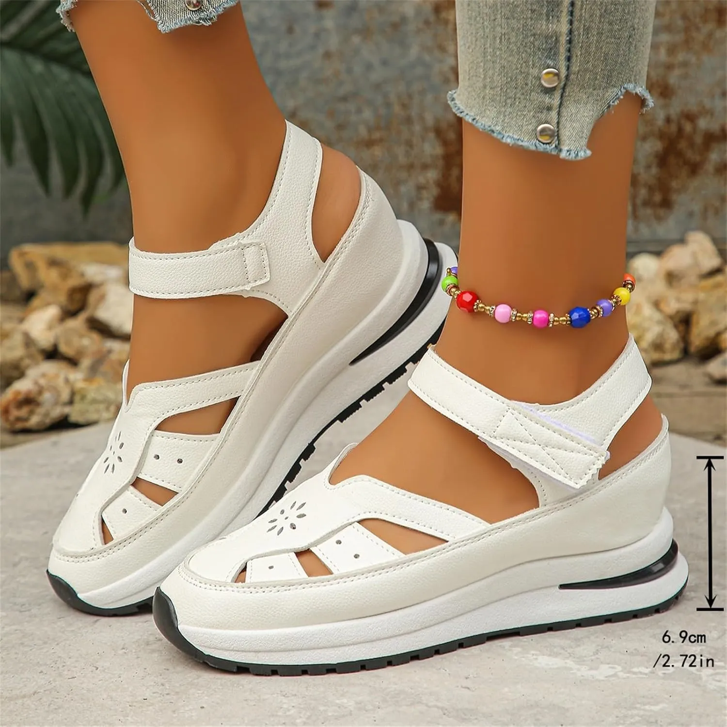 Women's Hollow Out Sandals Breathable Platform Wedge Sandal Leather Closed Toe Shoes Comfortable Casual Roman Sandals Height-Boosting Thick Sole Shoe 2025 Stylish Dressy Business Shoes