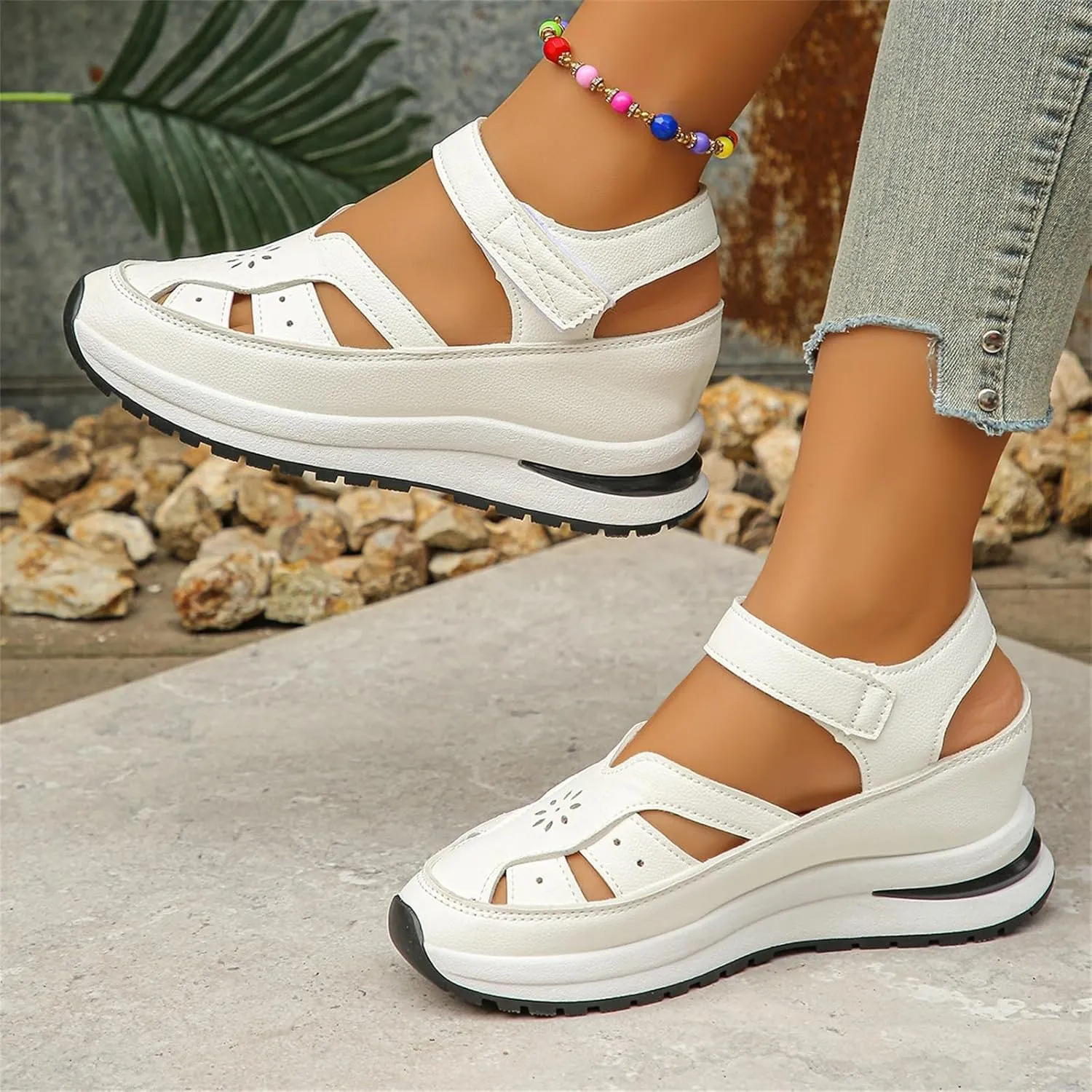 Women's Hollow Out Sandals Breathable Platform Wedge Sandal Leather Closed Toe Shoes Comfortable Casual Roman Sandals Height-Boosting Thick Sole Shoe 2025 Stylish Dressy Business Shoes