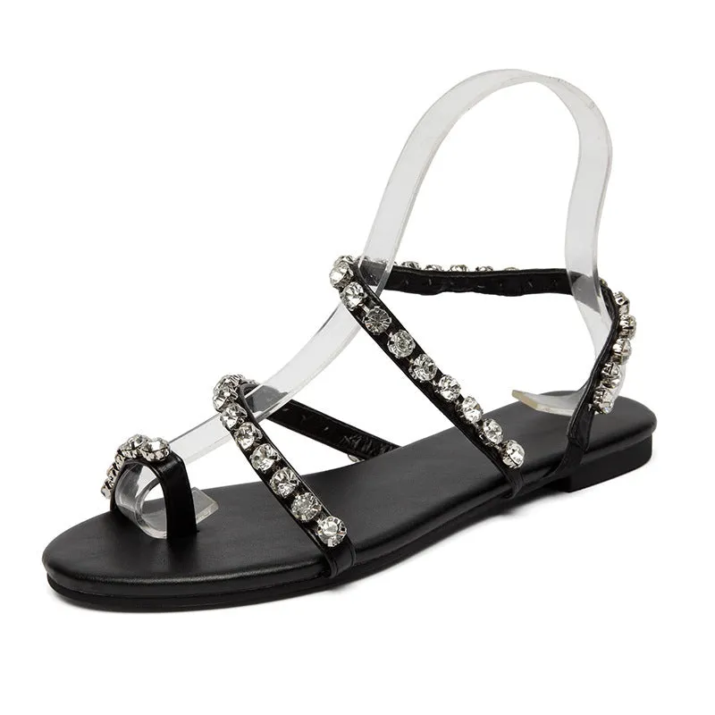 Women's rhtinestone toe ring boho sandals for wedding flat beach sandals