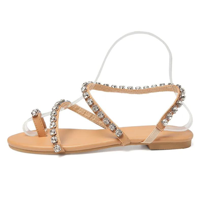 Women's rhtinestone toe ring boho sandals for wedding flat beach sandals