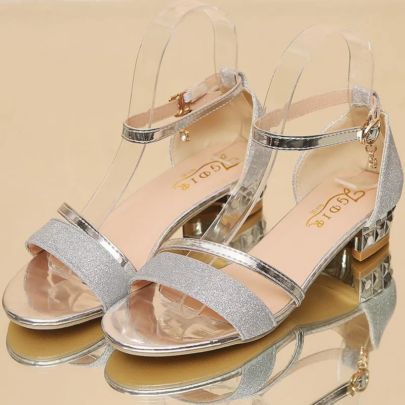 Women's silver gold sparkly wedding sandals ankle strap comfy low heel wedding shoes