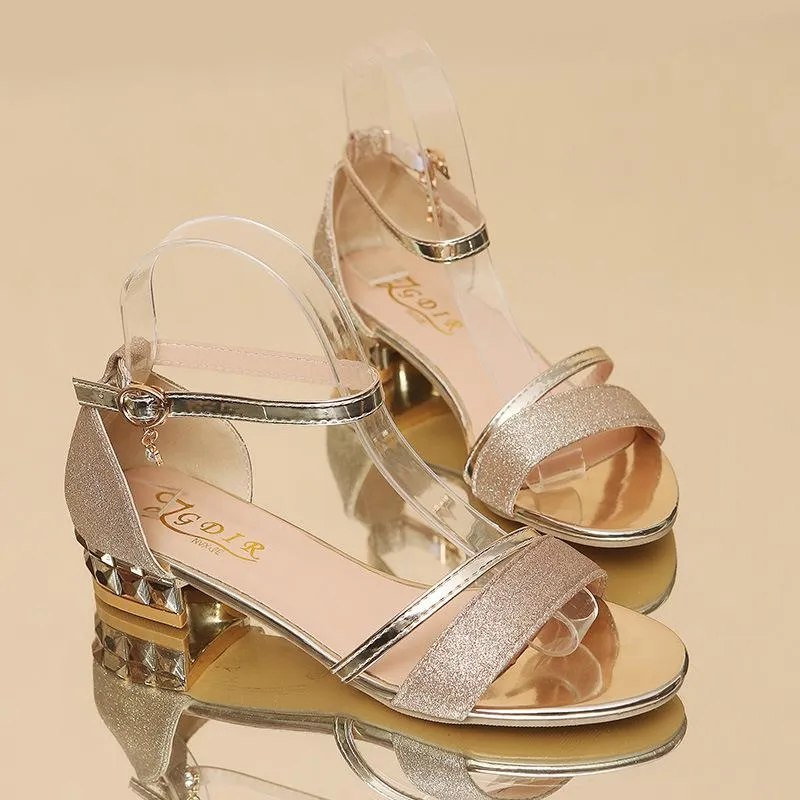 Women's silver gold sparkly wedding sandals ankle strap comfy low heel wedding shoes