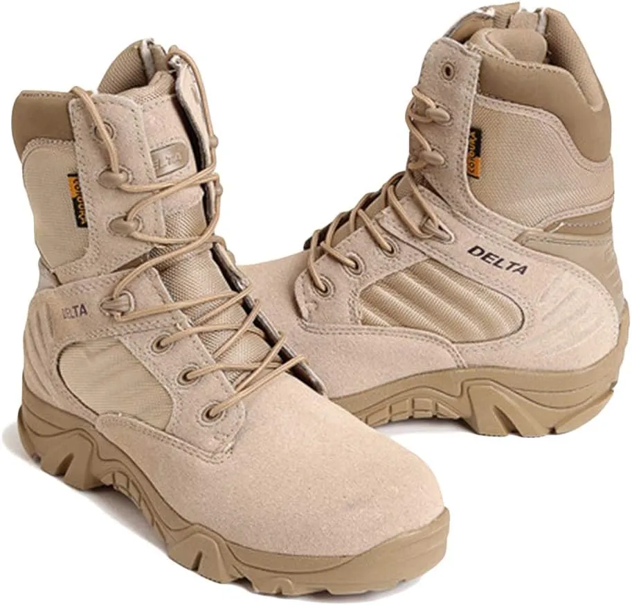 Wygwlg Mens Black Leather Combat Boots Mid Height Army Tactical Boots Durable Military Jungle Boot Action Combat Boots