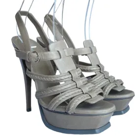 YVES SAINT LAURENT Gray Leather Strappy Slingback Platforms Sandals, Size 38.5