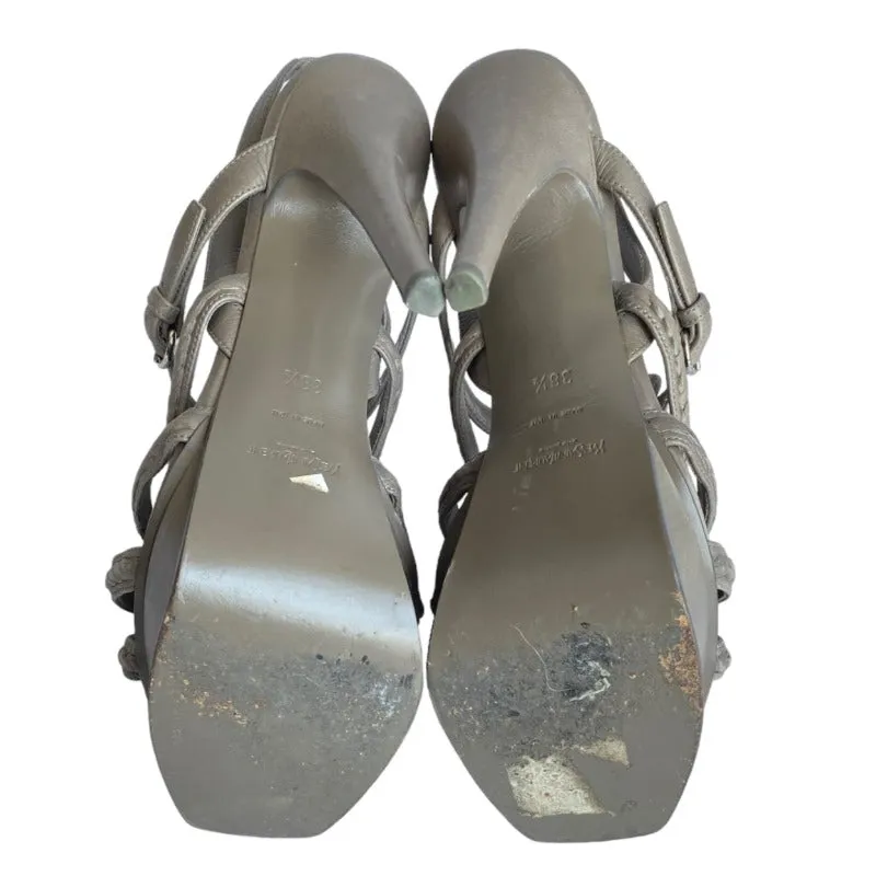 YVES SAINT LAURENT Gray Leather Strappy Slingback Platforms Sandals, Size 38.5
