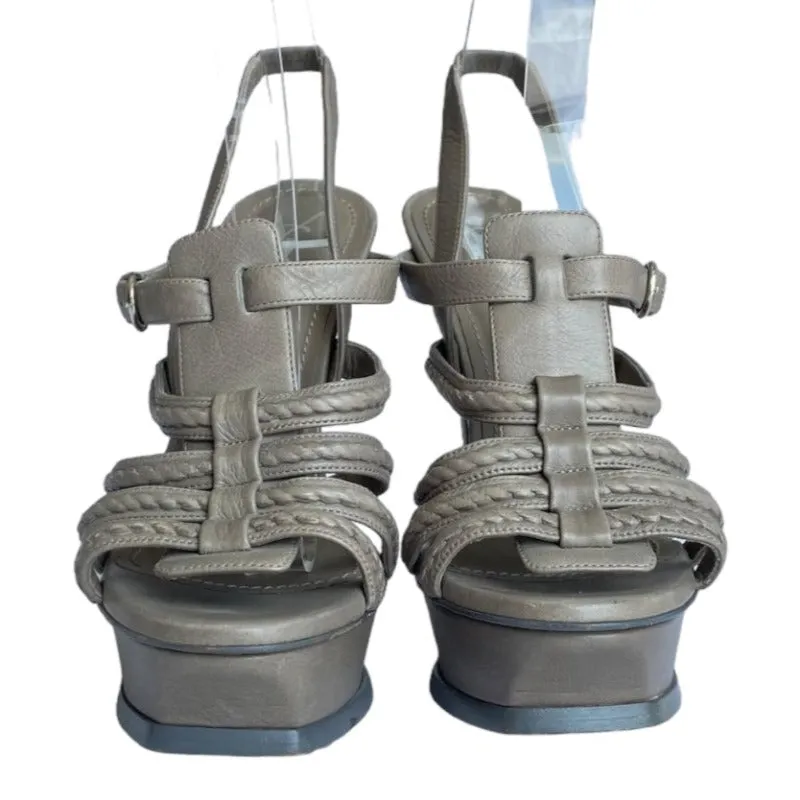 YVES SAINT LAURENT Gray Leather Strappy Slingback Platforms Sandals, Size 38.5